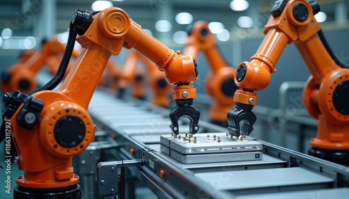 Orange robotic arms operate on assembly line. Handle components on conveyor. Modern manufacturing process at giga factory. Automated system for electric vehicle battery production. High tech