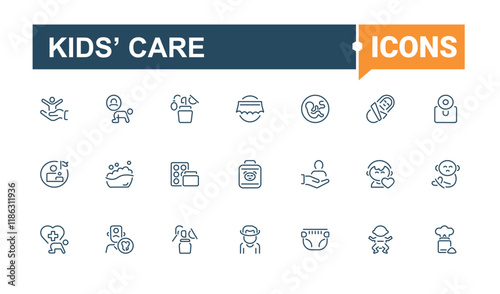 Kids’ Care lined icons set. Related to pregnancy, cloth, toys, childhood, newborn and more. Collection for mobile and web apps. Vector illustration in modern line style.