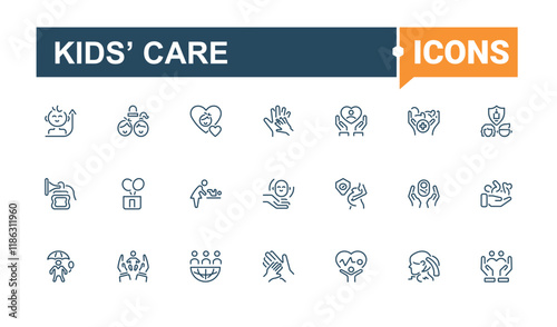 Kids’ Care lined icons set. Related to pregnancy, cloth, toys, childhood, newborn and more. Collection for mobile and web apps. Vector illustration in modern line style.