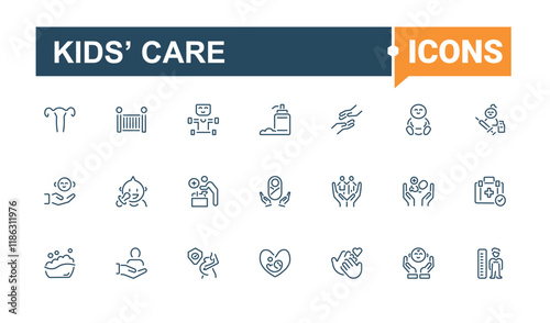 Kids’ Care lined icons set. Related to pregnancy, cloth, toys, childhood, newborn and more. Collection for mobile and web apps. Vector illustration in modern line style.