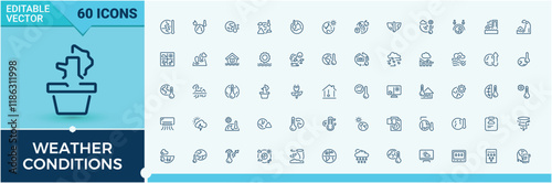 Weather Conditions minimal icon set. Featuring duct, storm, electric, co2, environment, Climate, sea and more. Web icons. Editable vector illustration.