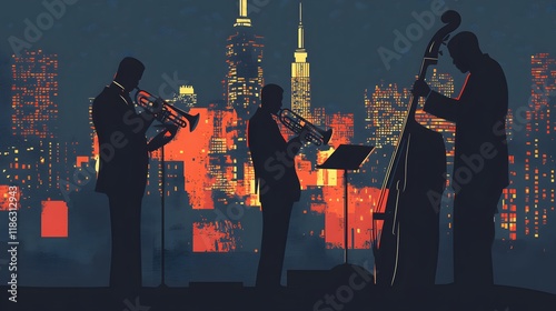 Jazz Trio Silhouetted Against City Night Lights