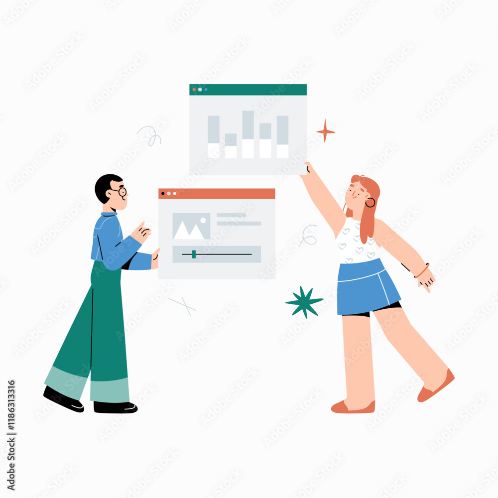 Male and female characters analyzing data charts in flat vector illustration symbolizing teamwork, data analysis, and performance review, isolated on white background. Male and female characters analyzing data charts in flat vector illustration symbolizing teamwork, data analysis, and performance review, isolated on white background.