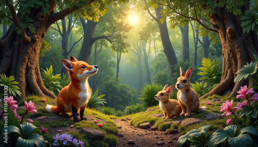 Obraz premium Charming fox and rabbits enjoying a sunny moment in a lush forest clearing