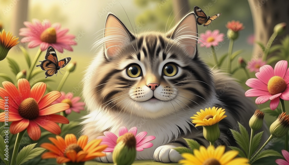 Playful cat interacting with butterflies in a flower garden, cats in gardens Playful cat interacting with butterflies in a flower garden, cats in gardens