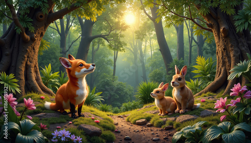 Charming fox and rabbits enjoying a sunny moment in a lush forest clearing
