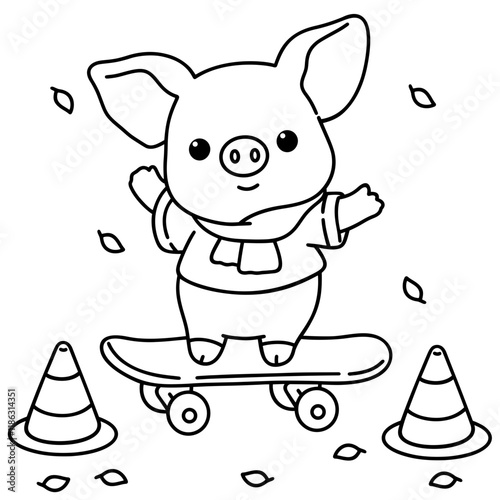Little pig has fun playing skateboard, easy coloring for kids, vector, illustration, coloring book, coloring page