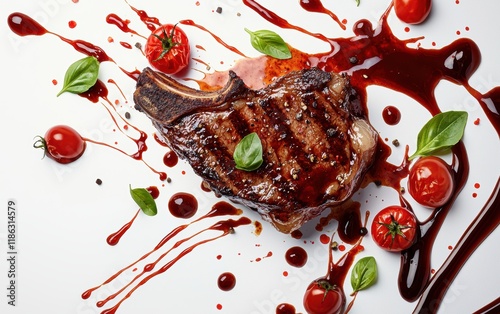 A juicy porterhouse steak surrounded by vibrant splashes of barbecue sauce and roasted cherry tomatoes in mid-air on a white backdrop photo