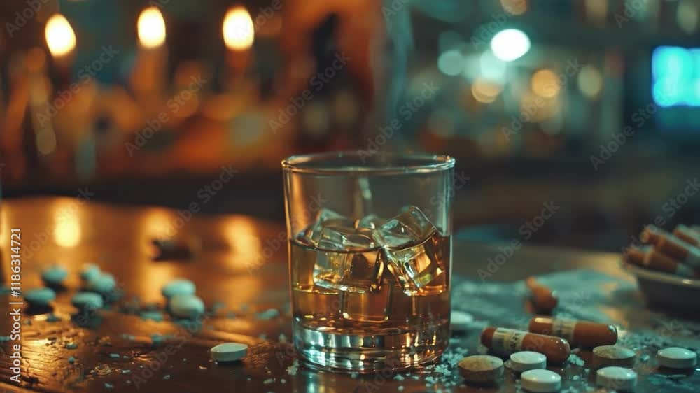shows a glass of alcohol and scattered pills. It will be useful for materials about addiction, substance abuse and mental health issues.