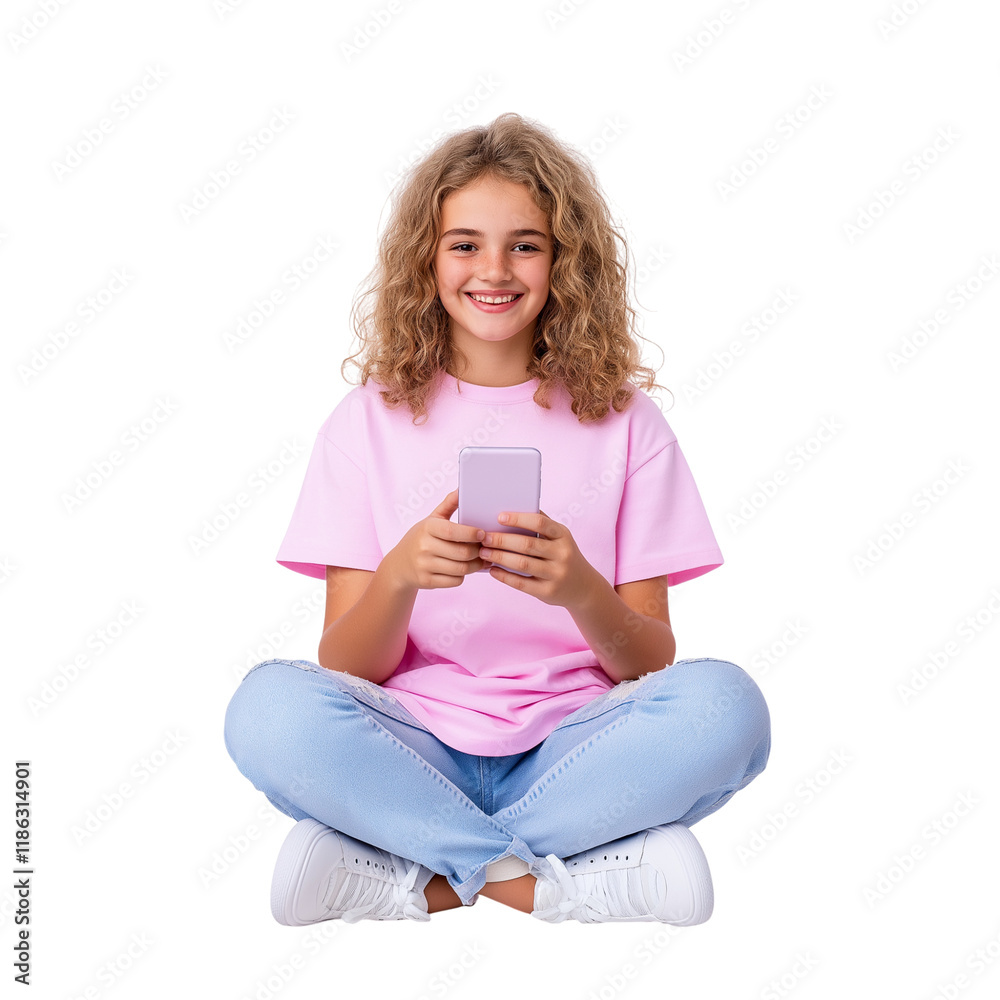 Smiling Girl Sitting Cross-Legged with Smartphone | Casual Outfit, Digital Communication, Isolated Smiling Girl Sitting Cross-Legged with Smartphone | Casual Outfit, Digital Communication, Isolated