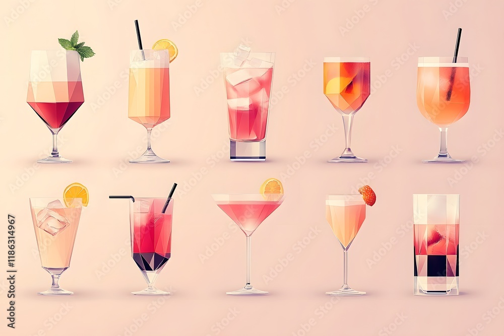 Elegant Geometric Drink Icons in Pastel Tones for Cocktail Menus and Lifestyle Imagery Elegant Geometric Drink Icons in Pastel Tones for Cocktail Menus and Lifestyle Imagery