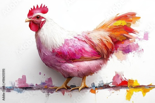 curious white chicken standing alert with head forward, full body portrait isolated on pure white background, studio quality farm animal photography