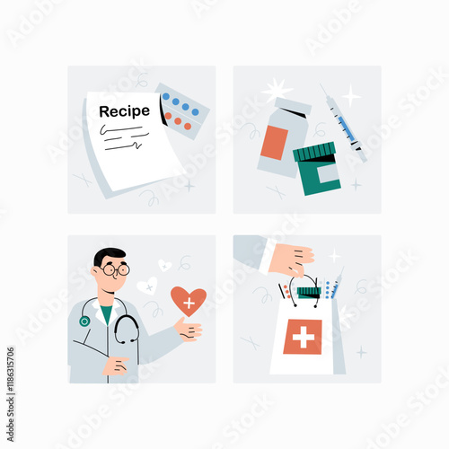 Doctor holding heart and medical prescription. Medical collage in flat vector illustration symbolizing healthcare, medication, and treatment, isolated on white background.