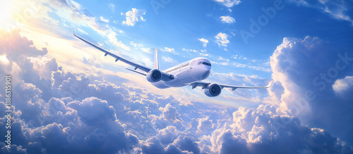 A commercial white passenger airplane flying through a cloudy blue sky and sunlight shining. Concept of aviation and travel.