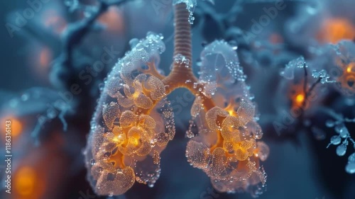 Microscopic image of pulmonary alveoli with viral particles. Suitable for medical publications on respiratory diseases.