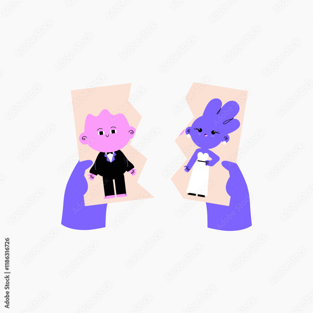 Torn wedding photo depicting a broken relationship, ideal for themes of divorce, separation, and relationship struggles, flat vector illustration, isolated on white background Torn wedding photo depicting a broken relationship, ideal for themes of divorce, separation, and relationship struggles, flat vector illustration, isolated on white background