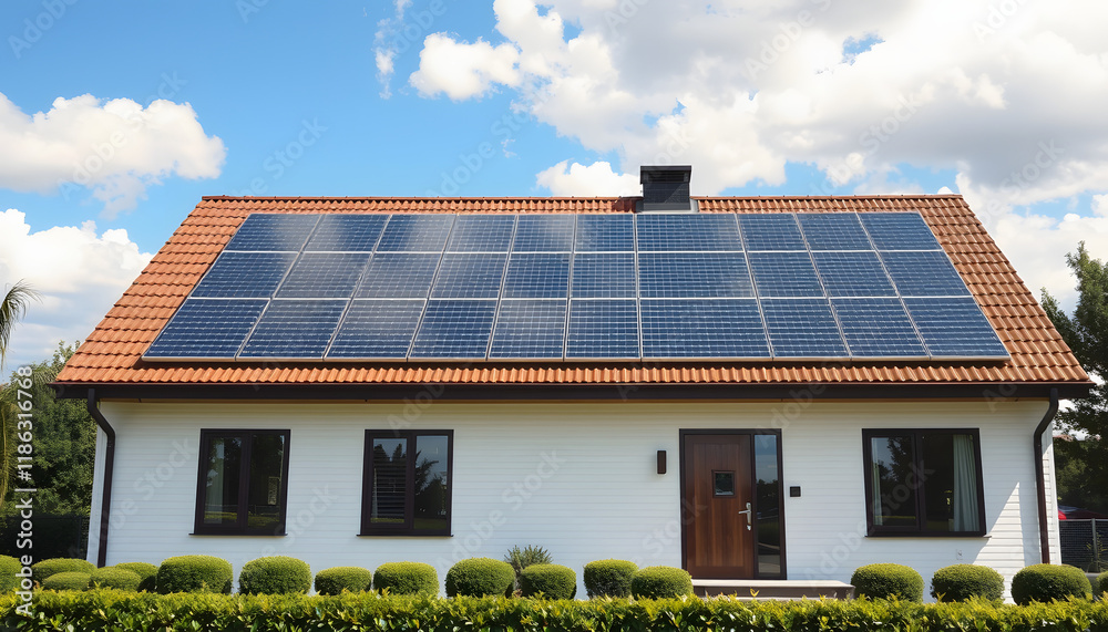 Fototapeta premium Solar panels on the gable roof of a modern house, pop art, with white tones