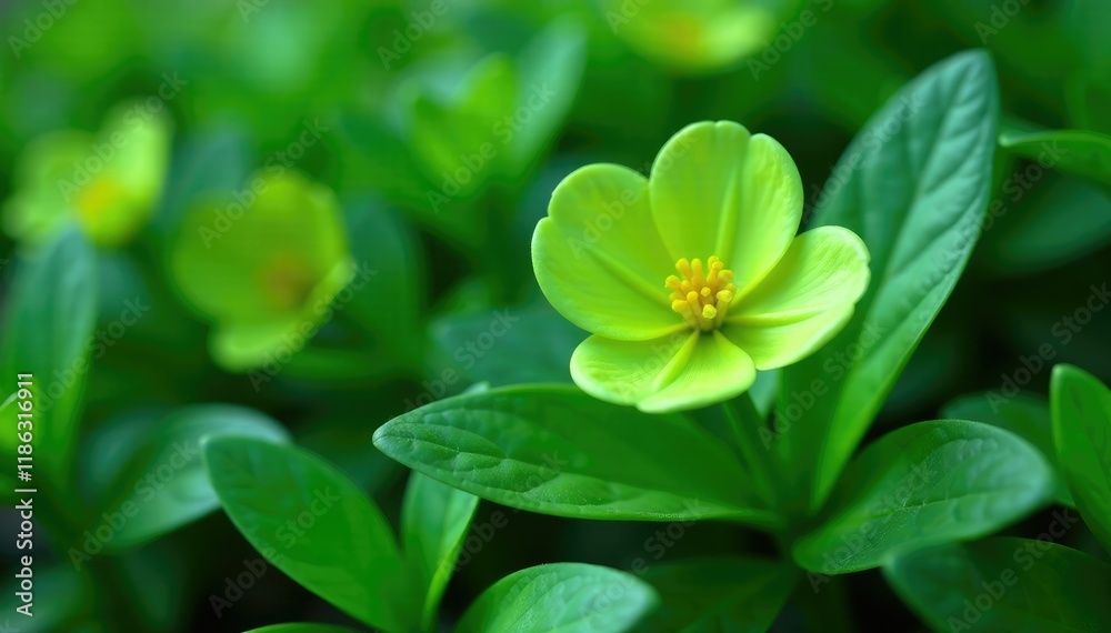 Delicate green plastic flower nestled among leafy greens, green, floral, botanical