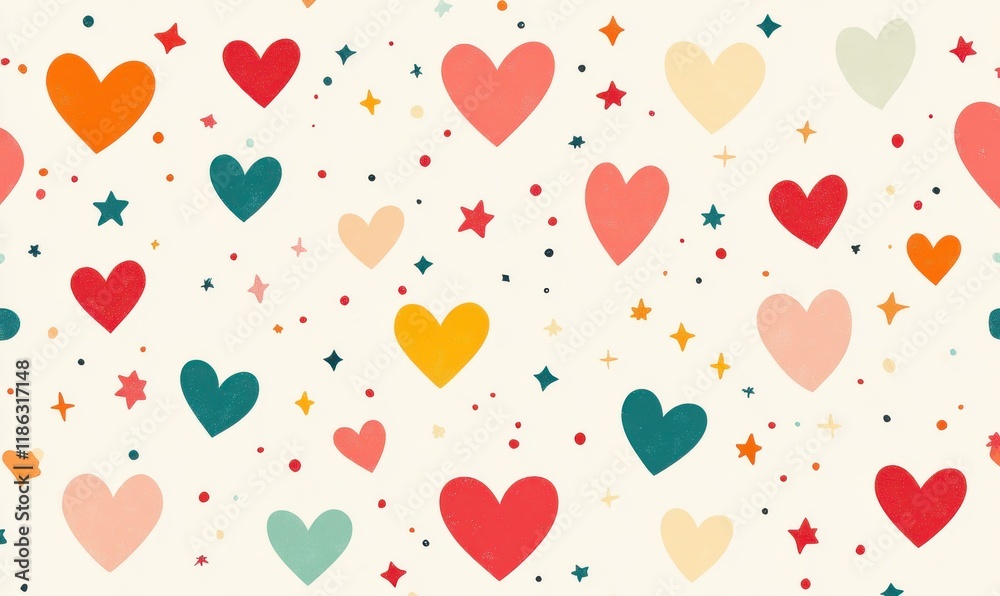 Seamless pattern of colorful hearts and stars with cheerful design elements Seamless pattern of colorful hearts and stars with cheerful design elements