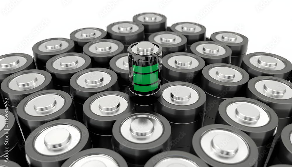 Fully Charged Battery Power: Single fully charged battery among many empty batteries on a black background Fully Charged Battery Power: Single fully charged battery among many empty batteries on a black background
