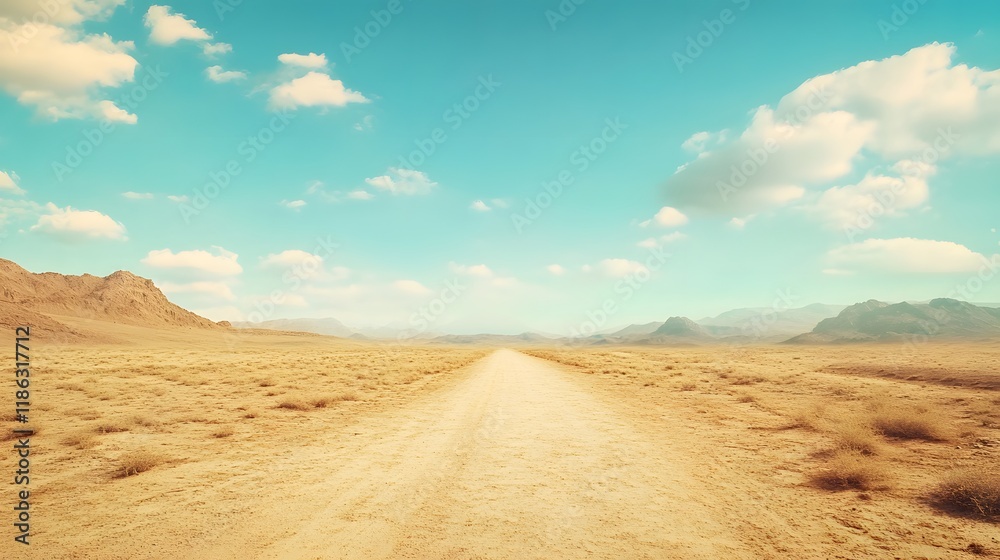 Desert Road Leading Towards Distant Mountains Under a Blue Sky Desert Road Leading Towards Distant Mountains Under a Blue Sky