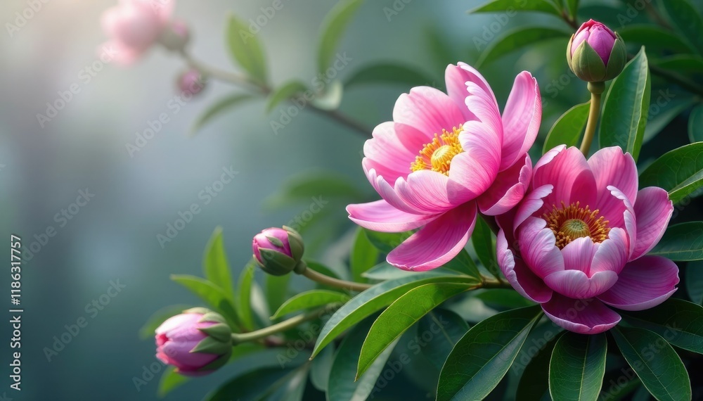 Obraz premium Delicate violet pink peony blooms on lush green leaves, foliage, blossom, greenery