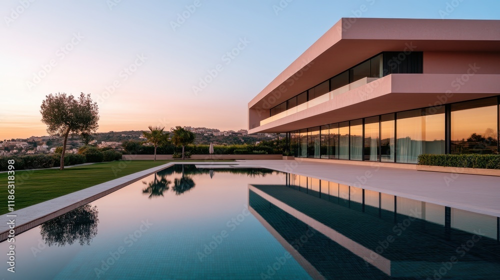 Fototapeta premium Modern luxury villa with infinity pool at sunset featuring panoramic views