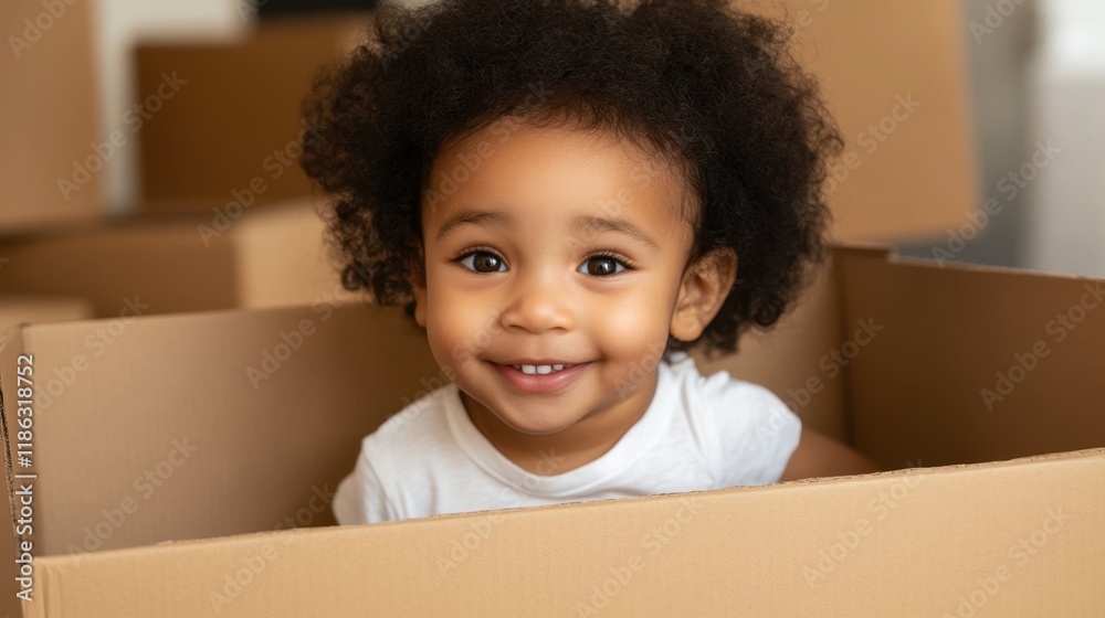 Smiling african child playing inside cardboard box at home Smiling african child playing inside cardboard box at home