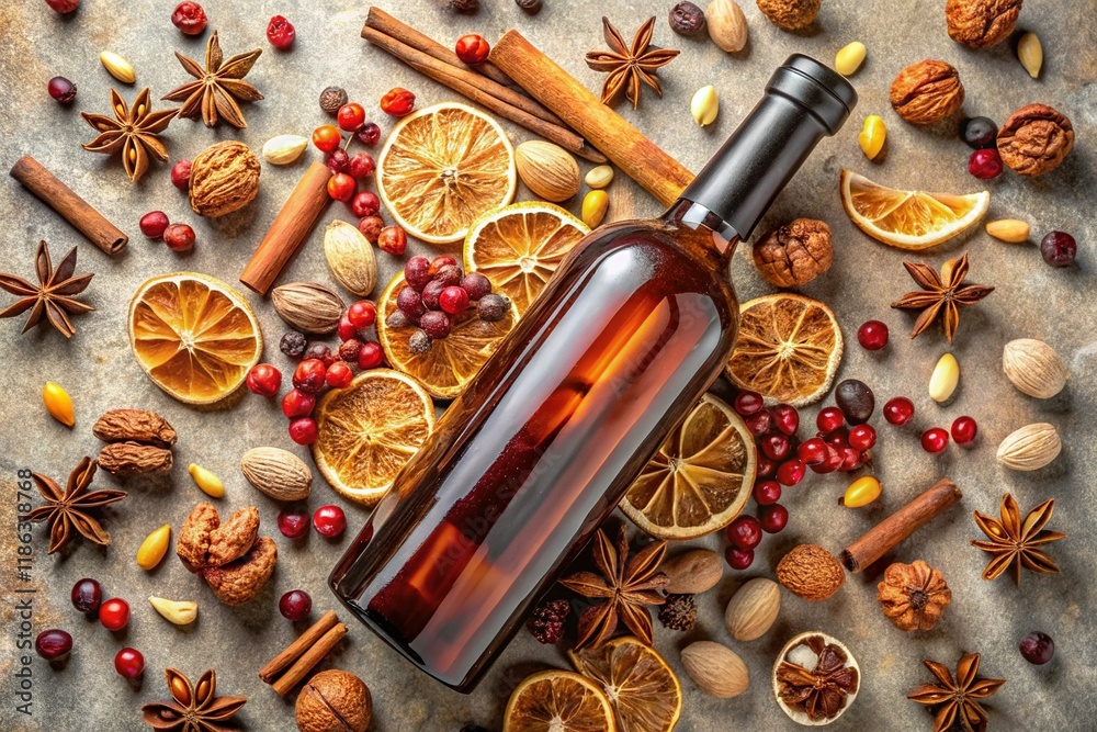 Minimalist Still Life: Dried Fruit, Spices & Wine Bottle Minimalist Still Life: Dried Fruit, Spices & Wine Bottle