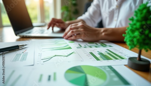 Person analyzes eco-friendly construction project data. Civil engineer reviews graphs, charts about carbon footprint. Laptop, papers show calculations for sustainable development project. Graphs