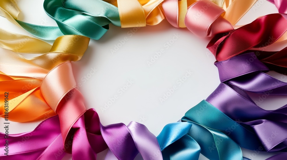 Colorful satin ribbons arranged in a circular pattern, showcasing vibrant hues of yellow, pink, green, and purple on a clean white background for decorative use Colorful satin ribbons arranged in a circular pattern, showcasing vibrant hues of yellow, pink, green, and purple on a clean white background for decorative use