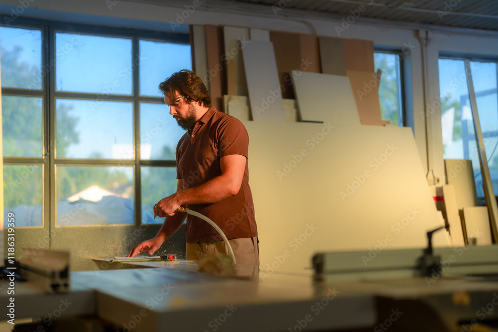 Fototapeta premium Carpenter clean and work area, using compressor to blow dust from the table saw.