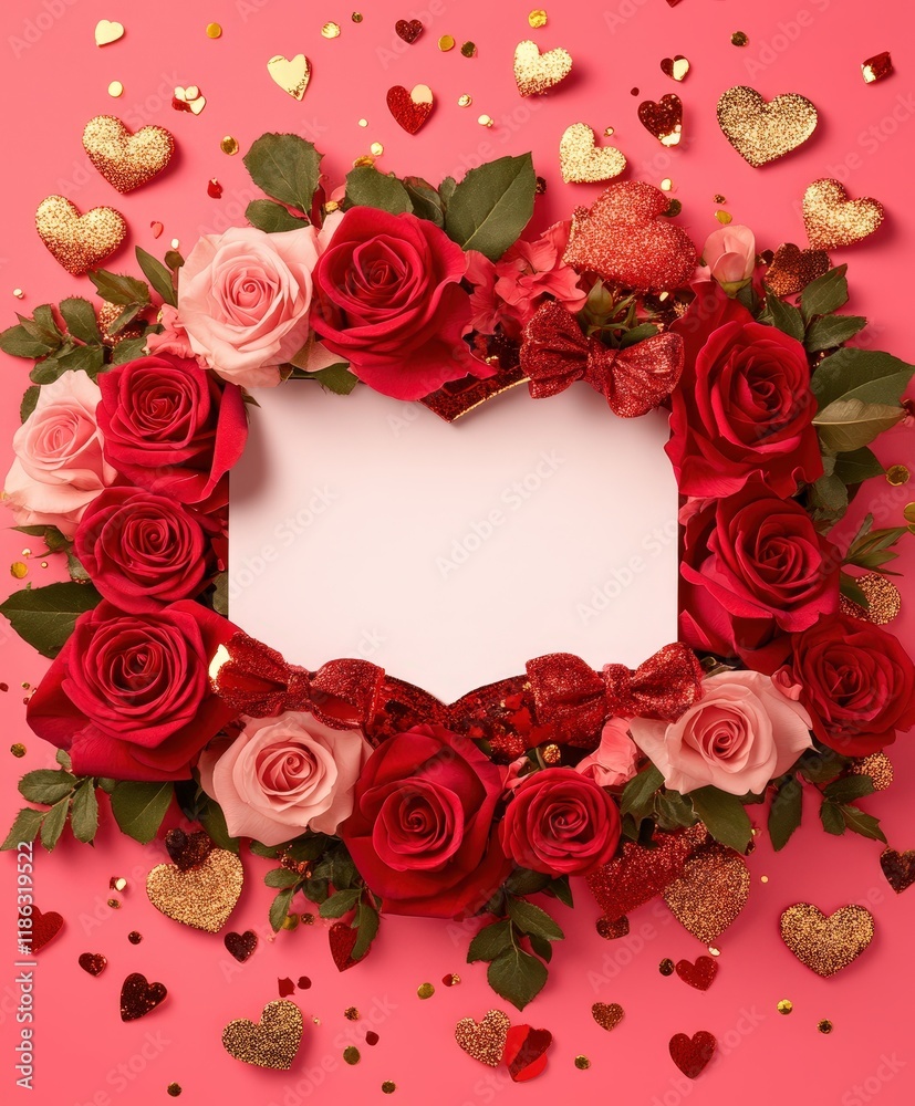 A stunning heart frame crafted from roses and tiny hearts, set against a soft pink backdrop, radiating love and romance for Valentine's Day. A stunning heart frame crafted from roses and tiny hearts, set against a soft pink backdrop, radiating love and romance for Valentine's Day.