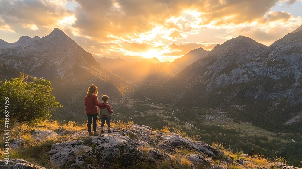 Obraz premium Mother and Son Watching Sunset Mountain Valley View