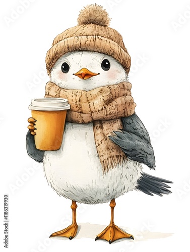Cozy and Whimsical Seagull with Coffee in Watercolor Clip Art for Children s Book