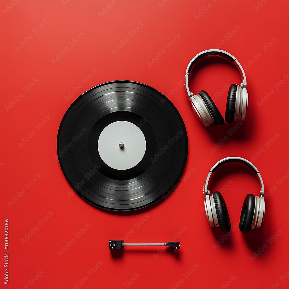 Vinyl record and headphones on vibrant red background Vinyl record and headphones on vibrant red background