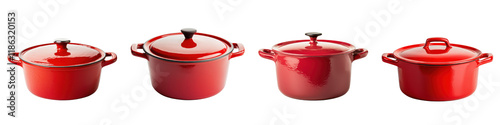 Assortment of red colored cooking pots saucepans and casserole dishes for home kitchen use  This collection of various sized cookware items is perfect for a wide range of culinary tasks