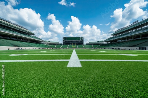 green field in american football stadium. ready for game in the midfield