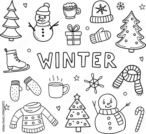 Set of simple winter doodle illustrations