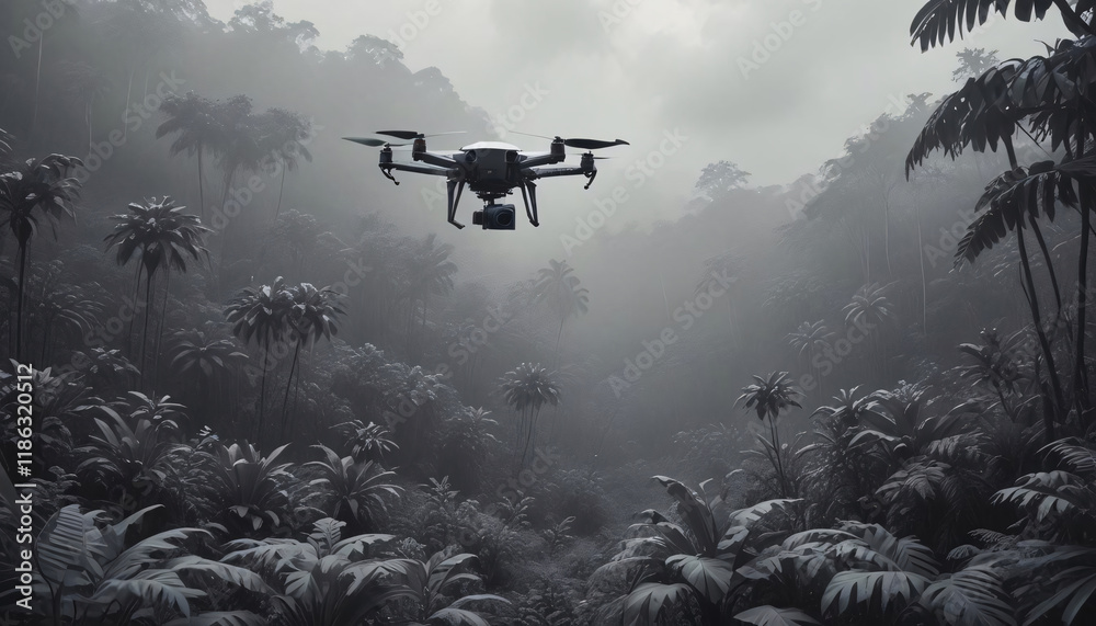 Fototapeta premium Drone and Indigenous Robot: Monitoring Tropical Forest Growth and Planting Trees