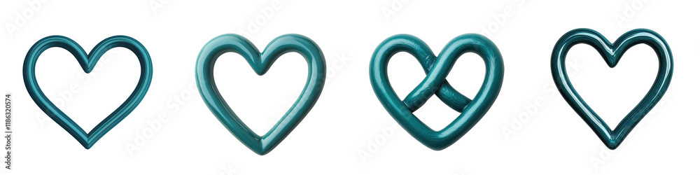 Set of 3D stylized heart shape icons in teal blue tone with abstract looped design presented against a plain white background Conceptual of romantic affectionate and passionate symbols Set of 3D stylized heart shape icons in teal blue tone with abstract looped design presented against a plain white background Conceptual of romantic affectionate and passionate symbols