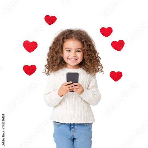 Smiling Girl Holding Smartphone with Hearts Icon | Cute Child, Social Media Concept, Isolated photo