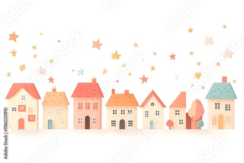 Charming Paper House Silhouettes with Pastel Colors and Twinkling Stars on White Background