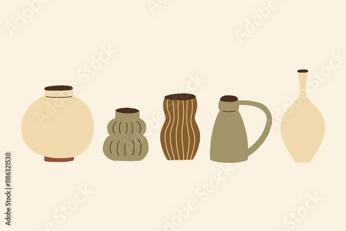 Hand Drawn Set Greek Organic Ceramic Pottery Vases. Minimalist Shape Silhouette Collection Decor Elements. Vector Illustration