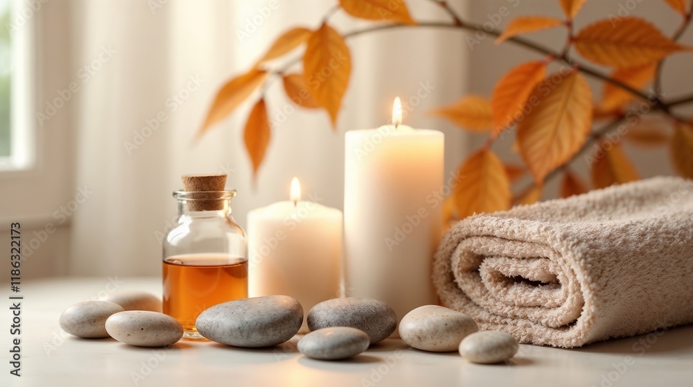 spa scene with candles, stones and towel, in earthy tones. spa scene with candles, stones and towel, in earthy tones.