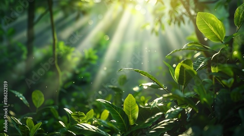 A serene view of lush green foliage with sunlight filtering through the trees, creating a peaceful and vibrant atmosphere in nature. photo