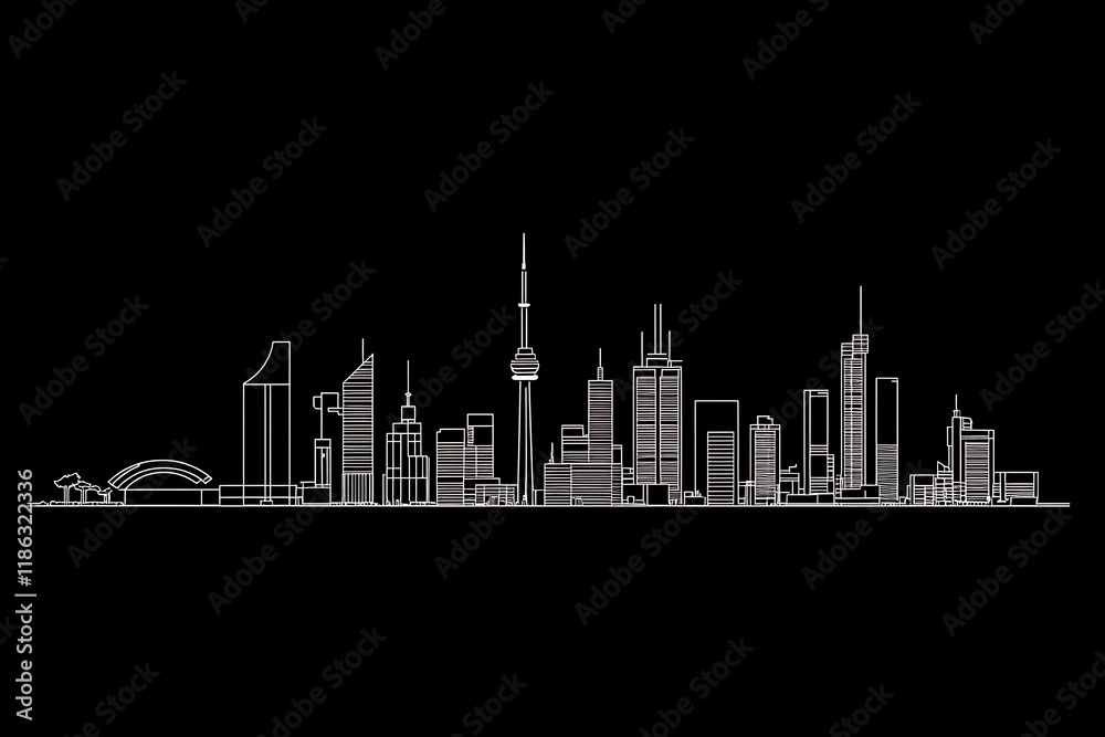 Naklejka premium A simple vector illustration of the city skyline is represented by simple smooth lines, with clean lines and a minimalistic style, perfect for lifestyle or technology