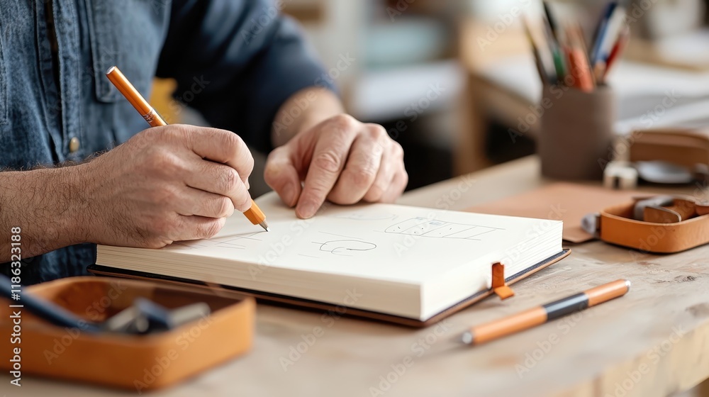A person sketches in a notebook with a pencil, surrounded by art supplies on a wooden table, showcasing a creative workspace. A person sketches in a notebook with a pencil, surrounded by art supplies on a wooden table, showcasing a creative workspace.