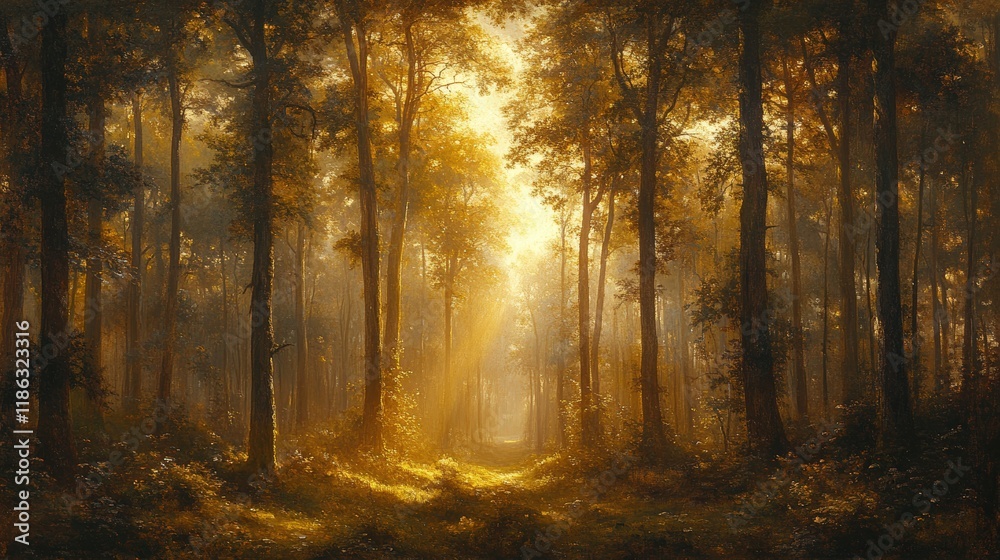 Obraz premium Sunlit forest path, golden light, tranquil scene.