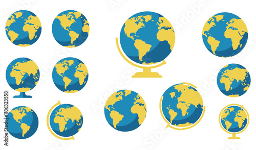 earth world globe planet icons set vector. map global, graphic sphere, environment ecology, green nature, eco continent earth world globe planet color Contour Illustrations
